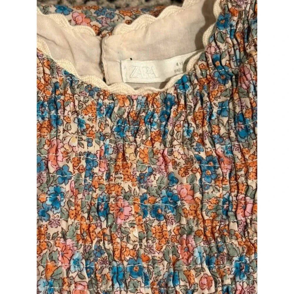 ZARA Floral Smocked Dress 4 years Blue Orange Puff Sleeve Cottagecore Boho Mini